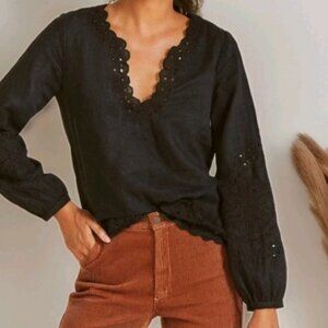 J.Crew Bungalow Embroidered Linen Top S Black
